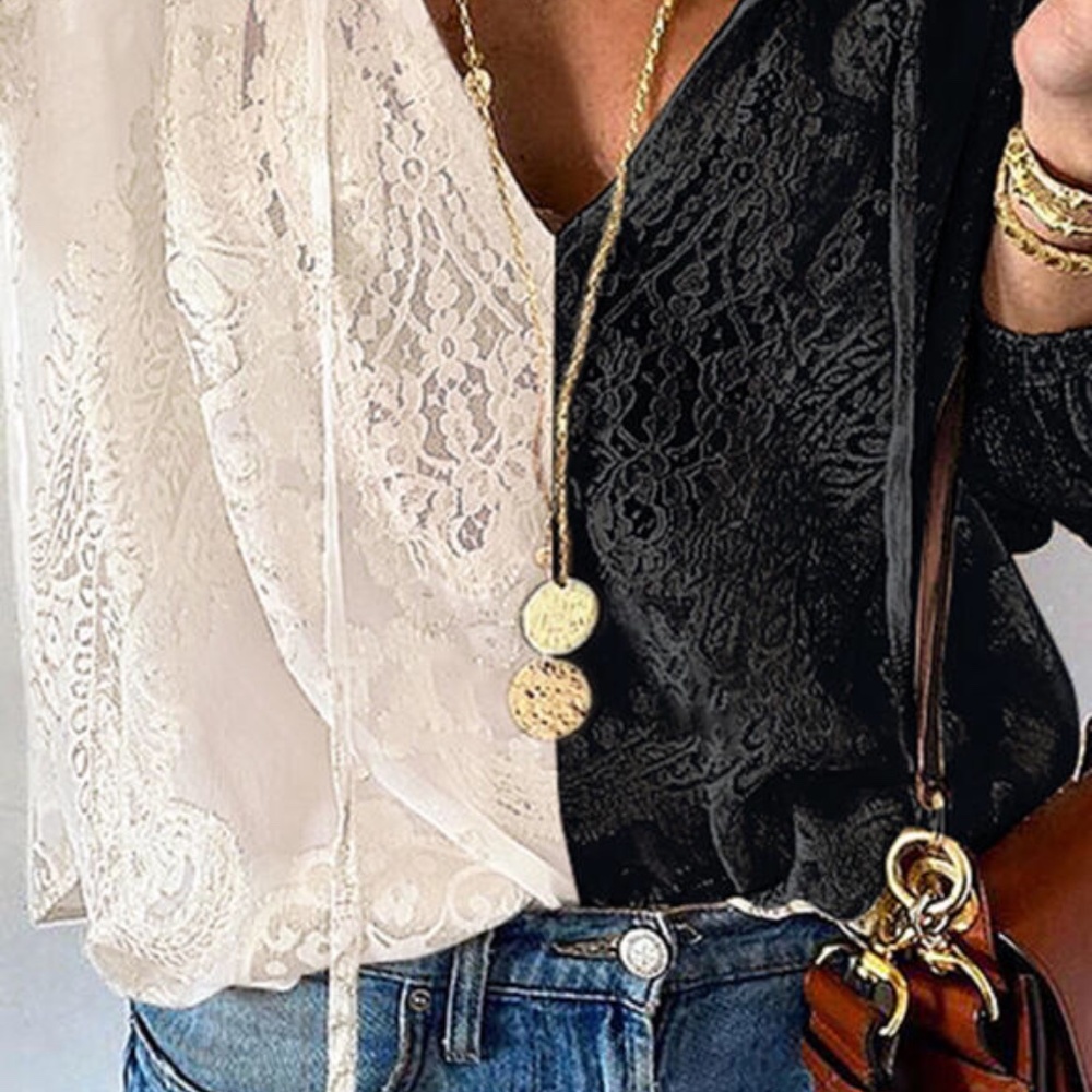 HP💝Boho Colorblock vneck l/s lace blouse sz s - Picture 2 of 4